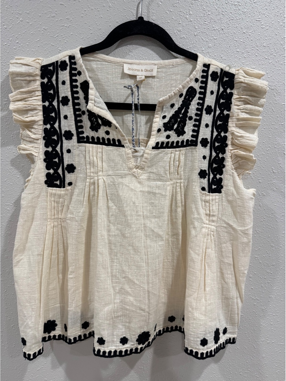 Jennifer & Grace Ivory Black Embroidered Boho Ruffle Flutter Sleeve Top M